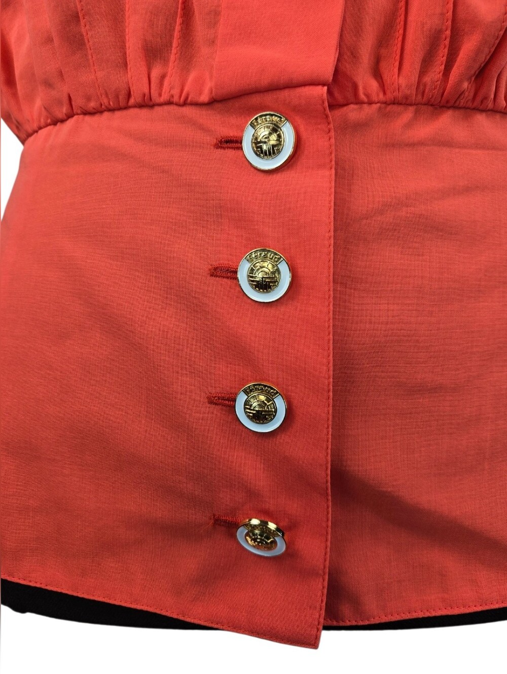 Louis Feraud Coral Cotton Peplum Blouse Tie Back Gold Logo Buttons US 12 - Picture 7 of 12